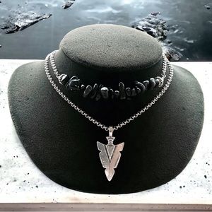 Onyx arrow necklace . Double layer onyx chips & arrow charm steel chain necklace